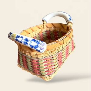 Vintage Woven Wicker Basket Pink Green Reed Porcelain Blue White Floral Handles